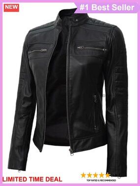 Lambskin Leather Cafe Racer Moto Jacket Zip Front Womens